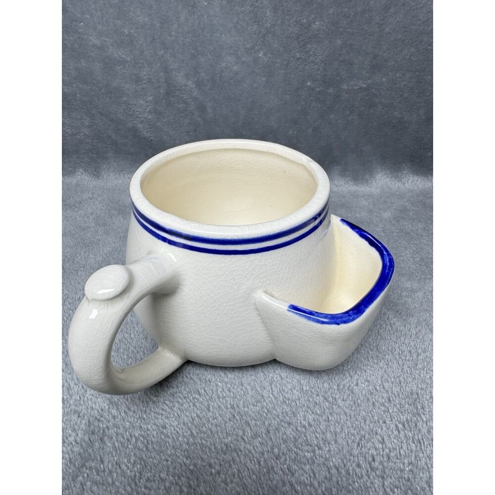Vintage Stoneware Bubble Mug W/Attached Tea Bag Holder Pocket 10 oz, Blue Trim